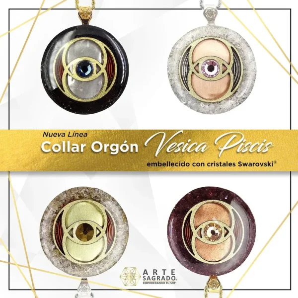 Vista frontal de los 4 collares de la colección de Orgón Vesica Piscis con Cuarzo a elegir con Cristal Swarovski® sobre fondo blanco con marco