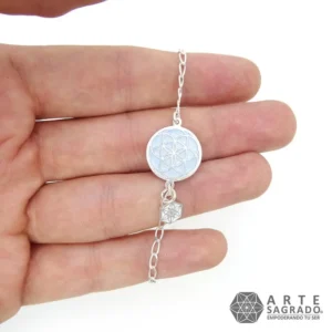 Pulsera Semilla de la Vida con cadena todo elaborado en Plata 0.925<span> - </span>Celeste