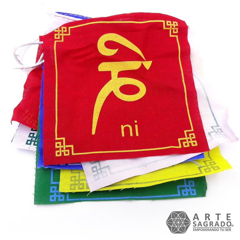Buda de la compasión banderas tibetanas de oración Om Mani Padme Hum Juego  de 10 cinco colores tradicionales tibetanos que son amarillo, verde, rojo