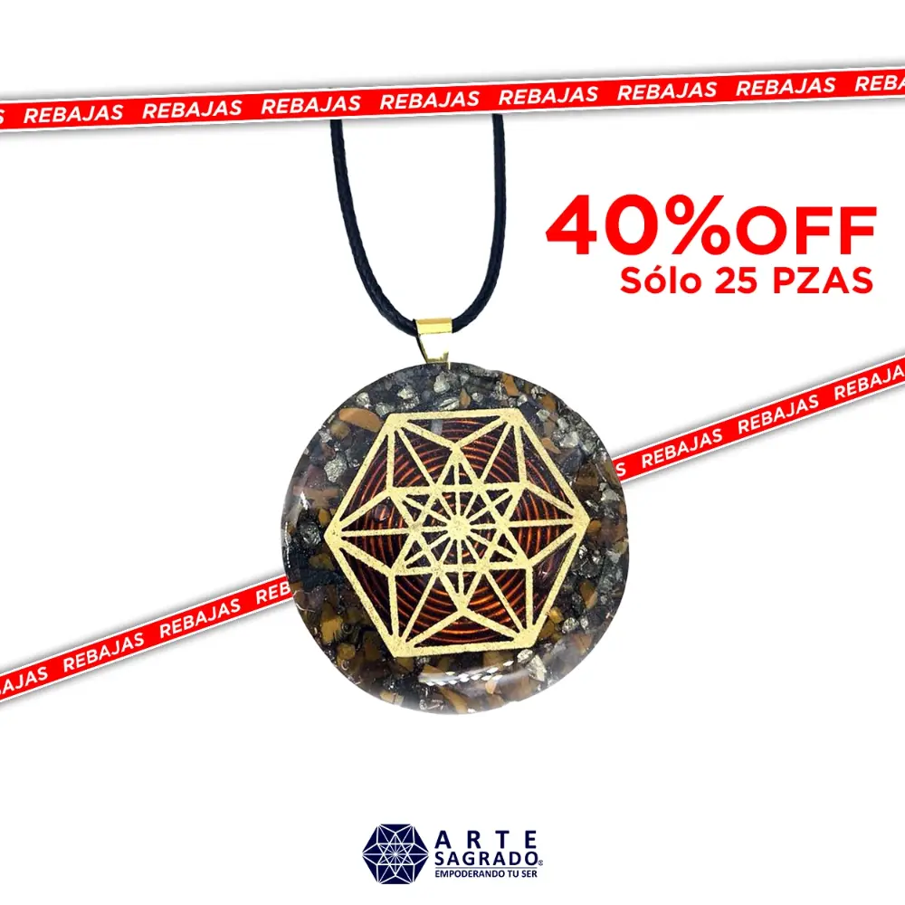 Promo de hasta 40% de descuento en el Collar Orgón Vector en Equilibrio con Pirita y Ojo de Tigre con cadena de tela sobre fondo blanco