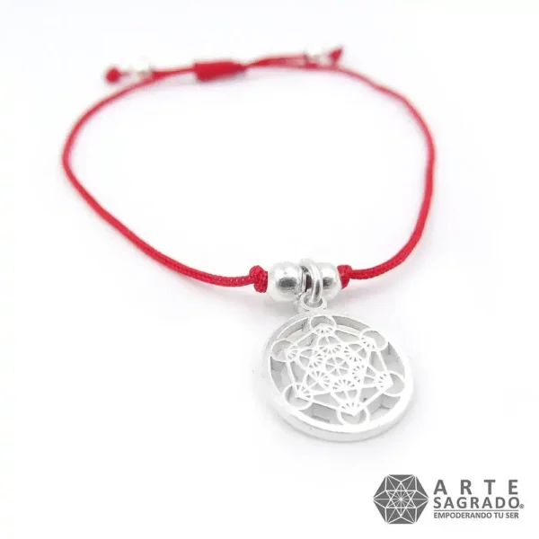 Pulsera de Hilo Rojo con Cubo de Metatrón o Flor de la Vida en Plata 0.925 por Arte Sagrado