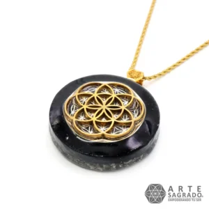 Collar Orgon Flor de la Vida en Plata 0.925 y Semilla de la Vida en Chapa de Oro con Turmalina, Shungita y Obsidiana