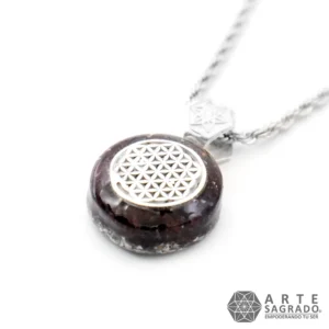 Collar Micro Orgón Flor de la Vida en Plata 0.925 con Granate