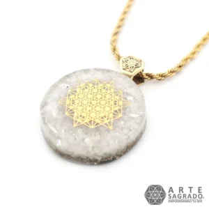 Collar Mini Orgón Estructura del Vacío en Chapa de Oro de 14K con Piedra Luna, Perla y Cuarzo Blanco