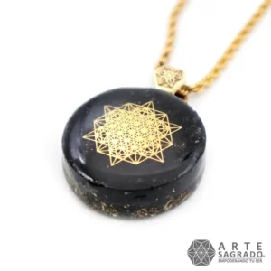 Collar Mini Orgón Estructura del Vacío en Chapa de Oro de 14K con Shungita, Turmalina Negra y Obsidiana
