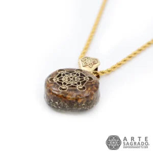 Collar Micro Orgón Arcángel Metatrón en Chapa de Oro de 14K con Ojo de Tigre