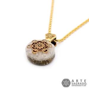Collar Micro Orgón Arcángel Metatrón en Chapa de Oro de 14K con Piedra Luna y Perla