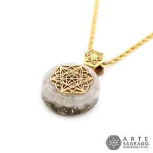Collar Micro Orgón Merkabah en Chapa de Oro de 14K con Piedra Luna y Perla