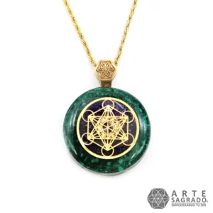 Collar Mini Orgón Bicolor Cubo de Metatrón en Chapa de Oro de 14K con Malaquita y Aventurina Azul<span> - </span>Acero Inoxidable