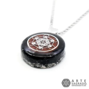 Collar Mini Orgón Bicolor Cubo de Metatrón en Plata 0.925 con Turmalina Negra y Jaspe Rojo