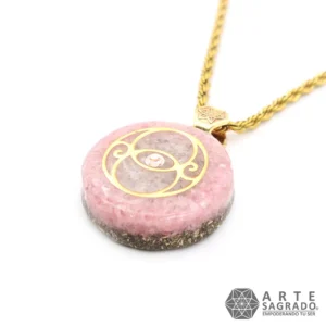 Collar Mini Orgón Bicolor Vesica Piscis en Chapa de Oro de 14K con Rodocrosita, Piedra Luna, Perla y Swarovski