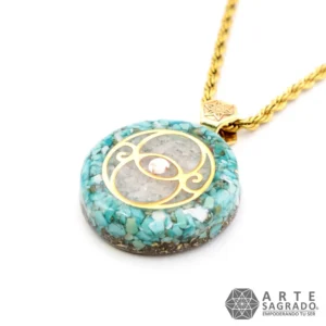 Collar Mini Orgón Bicolor Vesica Piscis en Chapa de Oro de 14K con Turquesa, Piedra Luna, Perla y Swarovski