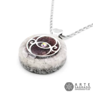 Collar Mini Orgón Bicolor Vesica Piscis en Plata 0.925 con Piedra Luna, Perla, Granate y Swarovski