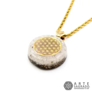 Collar Mini Orgón Flor de la Vida Chapa de Oro de 14K con Piedra Luna y Perla