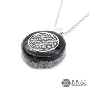 Collar Mini Orgón Flor de la Vida Plata 0.925 con Turmalina Negra