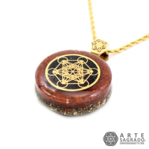 Collar Mini Orgón Bicolor Cubo de Metatrón en Chapa de Oro de 14K con Jaspe Rojo y Turmalina Negra