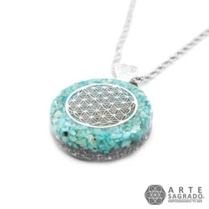 Collar Mini Orgón Flor de la Vida Plata 0.925 con Turquesa