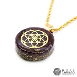 Collar Mini Orgón Semilla de la Vida en Chapa de Oro de 14K con Granate