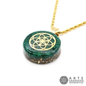 Collar Mini Orgón Semilla de la Vida en Chapa de Oro de 14K con Malaquita