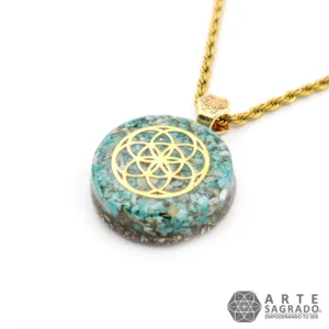 Collar Mini Orgón Semilla de la Vida en Chapa de Oro de 14K con Turquesa