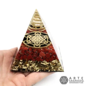 Pirámide Orgonita Cubo de Metatrón con Jaspe Rojo y Turmalina Negra