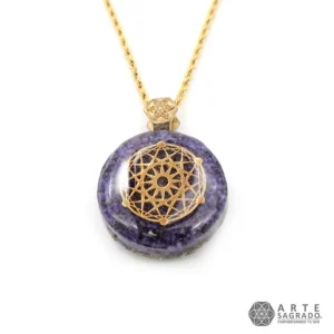 Collar Mini Orgón Rueda de la Vida en Chapa de Oro 14K con Phosphosiderite